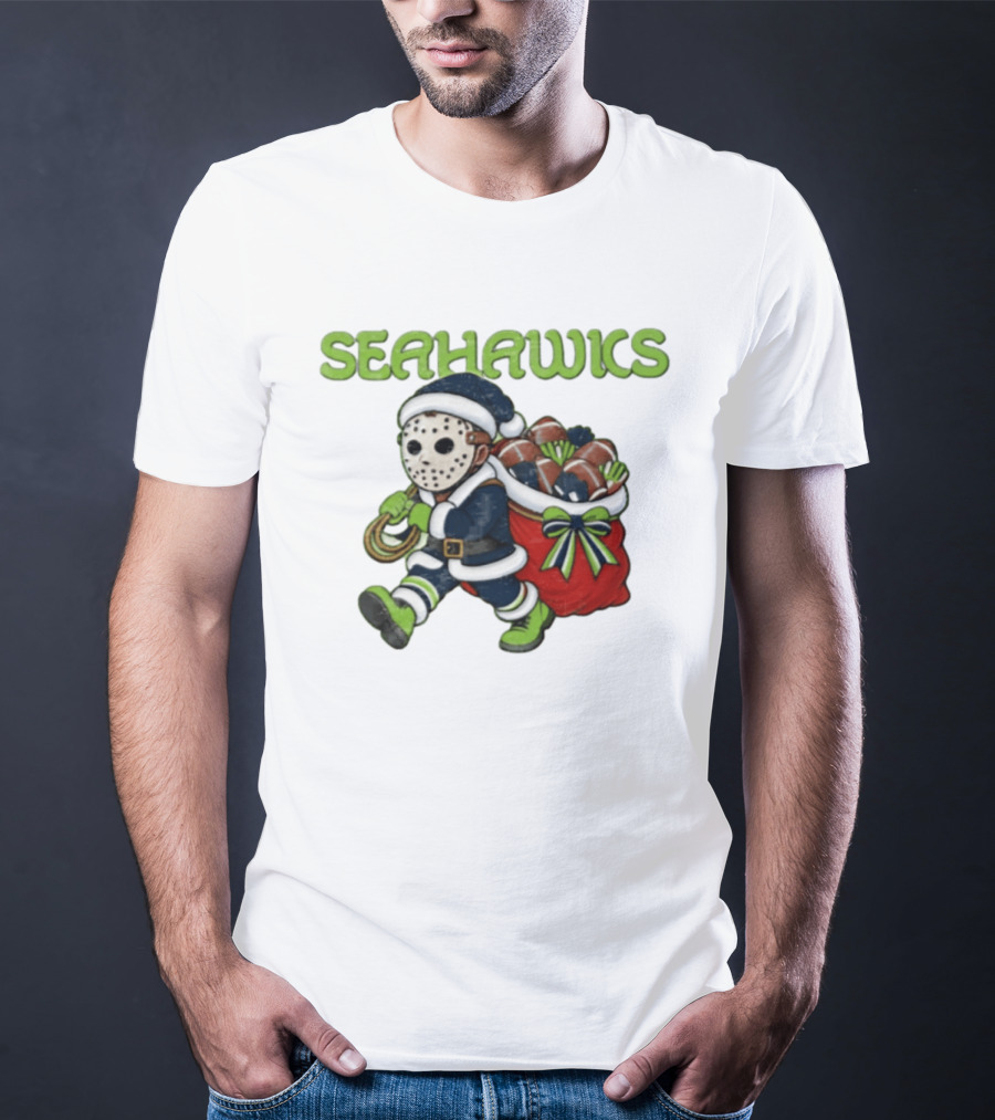 Seahawks Football Christmas Horror Santa Sack Green Blue T-Shirt