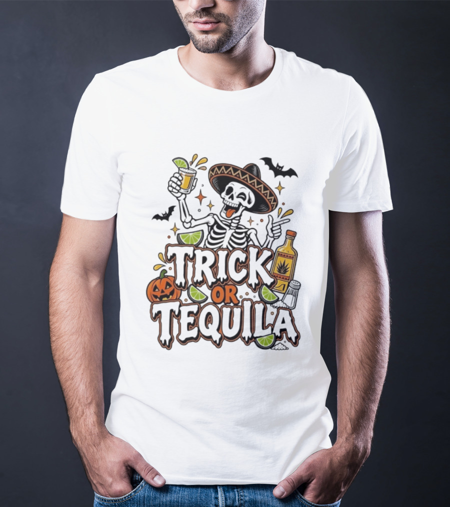 Trick Or Tequila Skeleton Sombrero Halloween Party Pumpkin Bats Lime T-Shirt