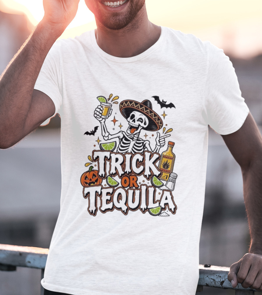 Trick Or Tequila Skeleton Sombrero Halloween Party Pumpkin Bats Lime T-Shirt