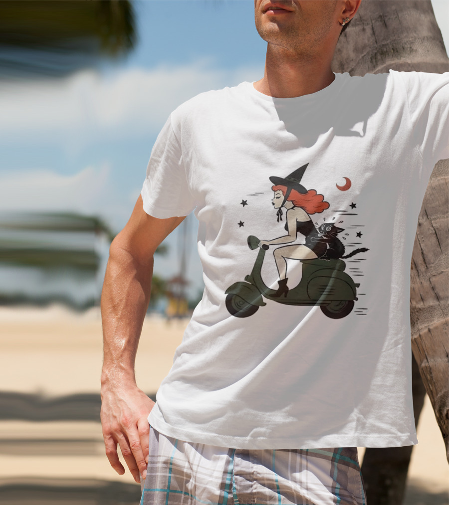 Witch Riding A Scooter With A Cat T-Shirt