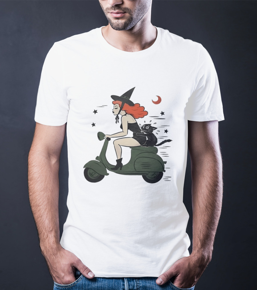 Witch Riding A Scooter With A Cat T-Shirt