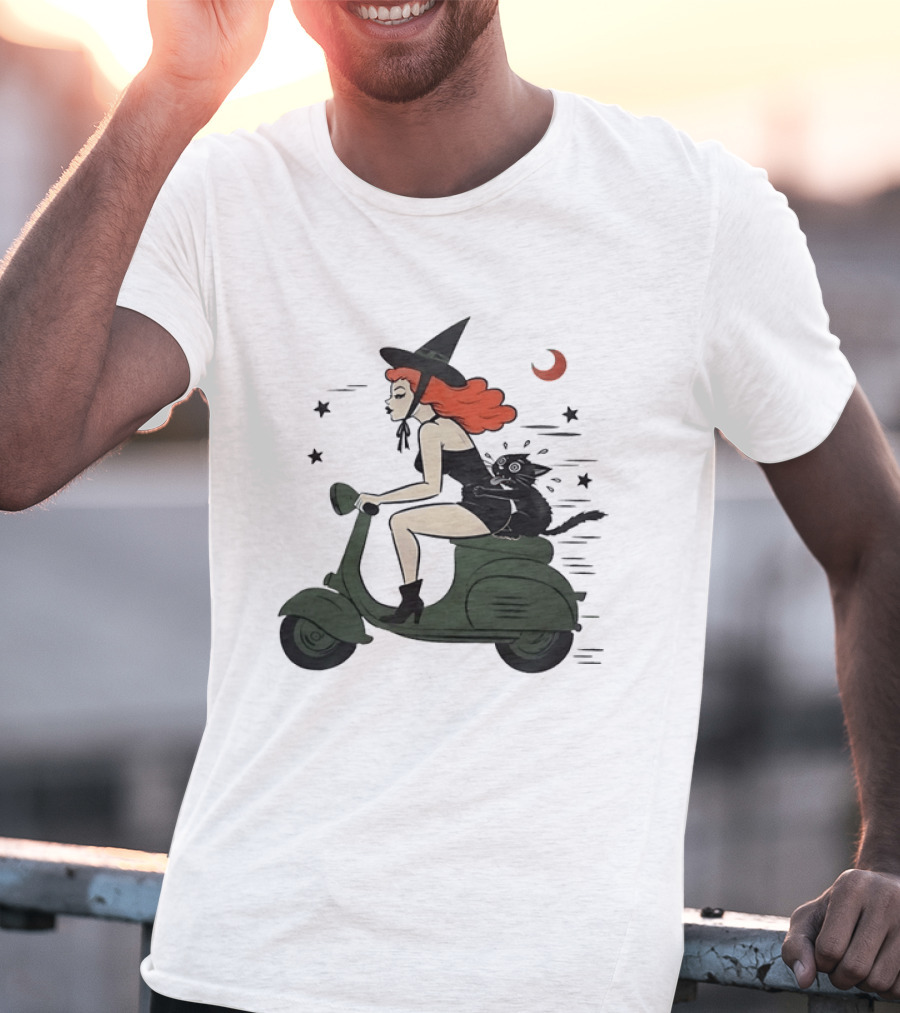 Witch Riding A Scooter With A Cat T-Shirt