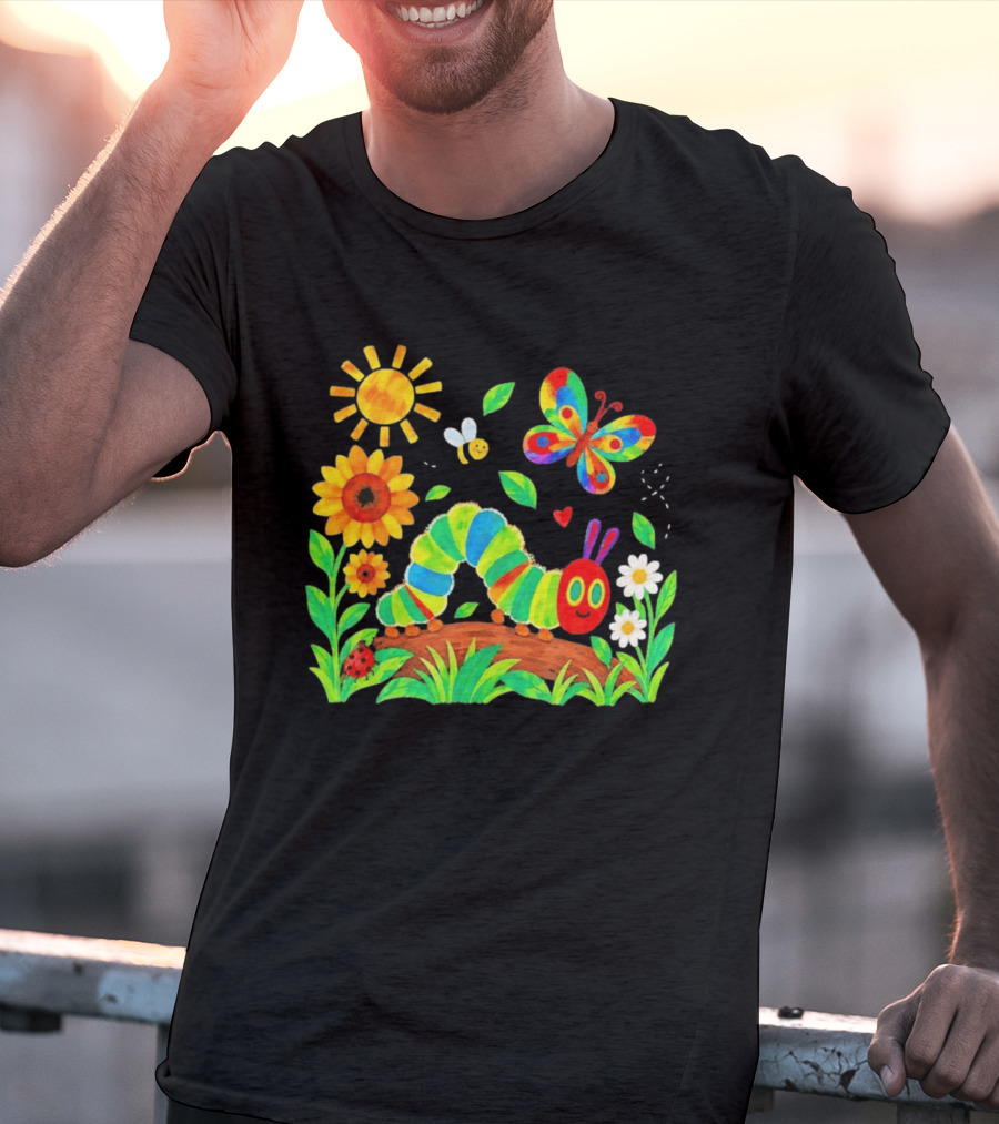 The Very Hungry Caterpillar Colorful Garden With Butterfly And Sunflowers T-Shirt