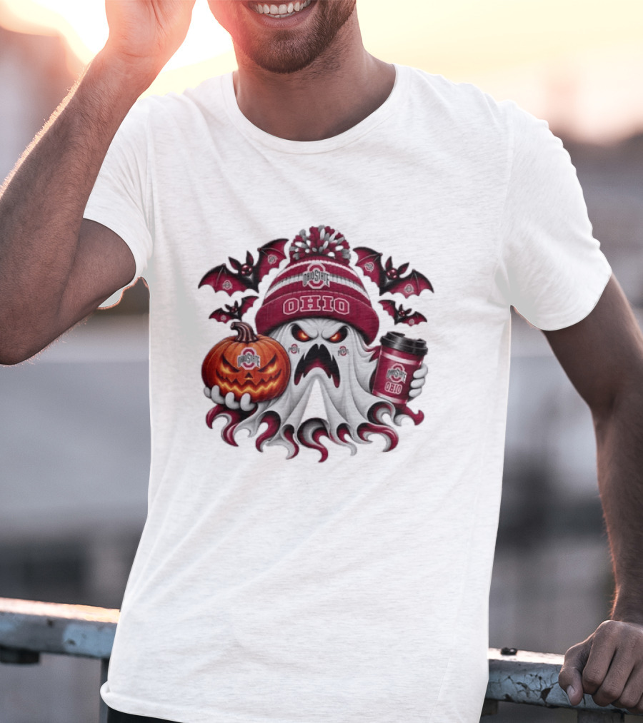 Ohio State Buckeyes Halloween Ghost Coffee Pumpkin Bats Spooky T-Shirt