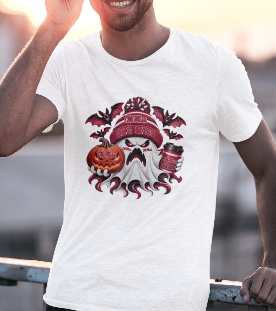 Ole Miss Rebels Halloween Ghost Pumpkin Coffee Spooky Bats T-Shirt