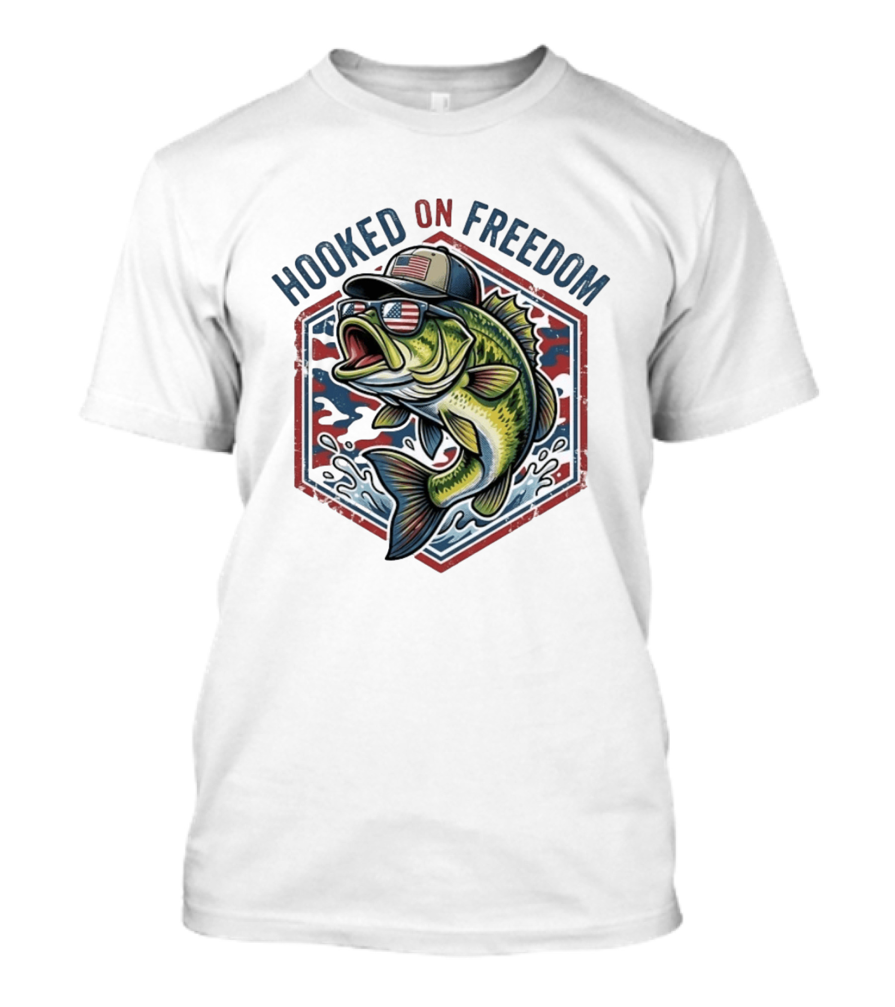 Hooked On Freedom Patriotic Bass Fishing T-Shirt