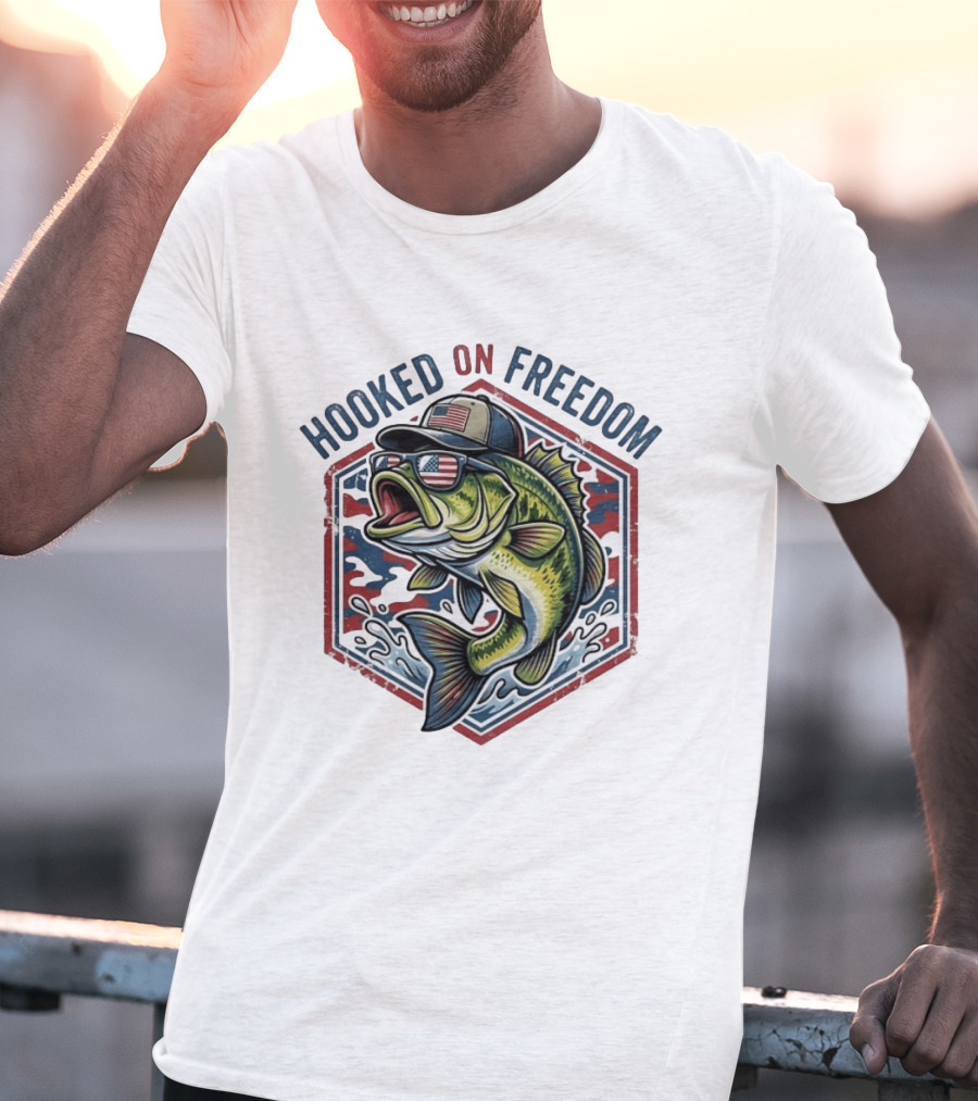 Hooked On Freedom Patriotic Bass Fishing T-Shirt