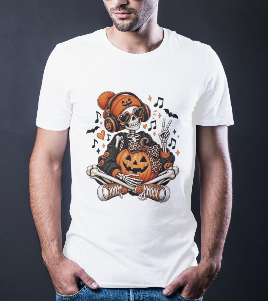 Skeleton In Pumpkin Beanie With Headphones Heart Sunglasses And Peace Sign T-Shirt