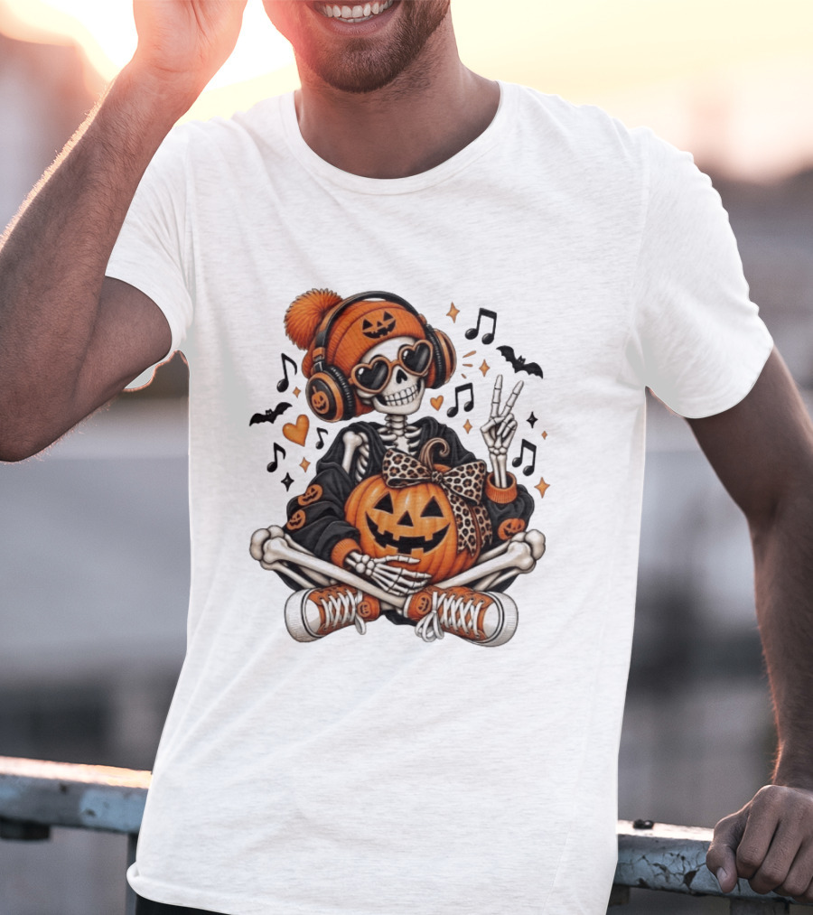Skeleton In Pumpkin Beanie With Headphones Heart Sunglasses And Peace Sign T-Shirt
