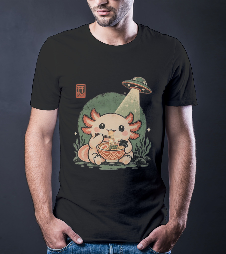 Axolotl Enjoying Ramen Under UFO Light With Japanese Distressed T-Shirt
