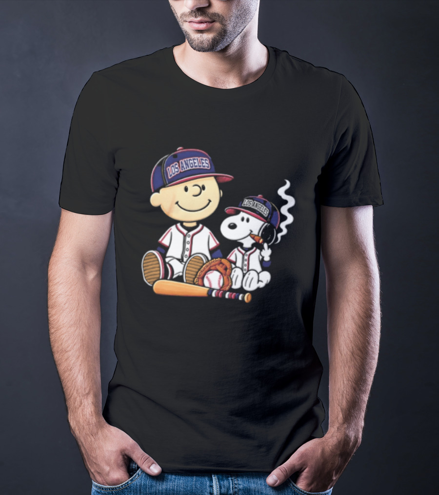 Charlie Brown Snoopy Los Angeles Angels MLB Cigar Smoking Cartoon T-Shirt