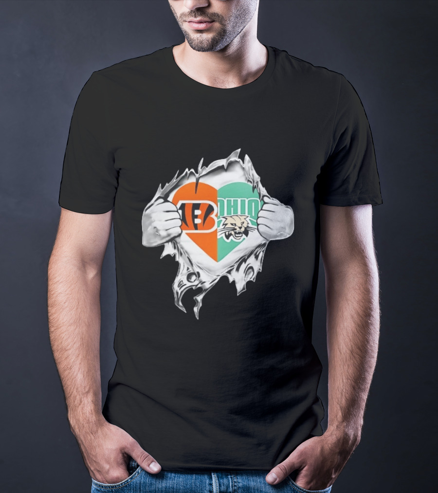 Cincinnati Bengals Ohio Bobcats Heart Superman Chest Rip T-Shirt