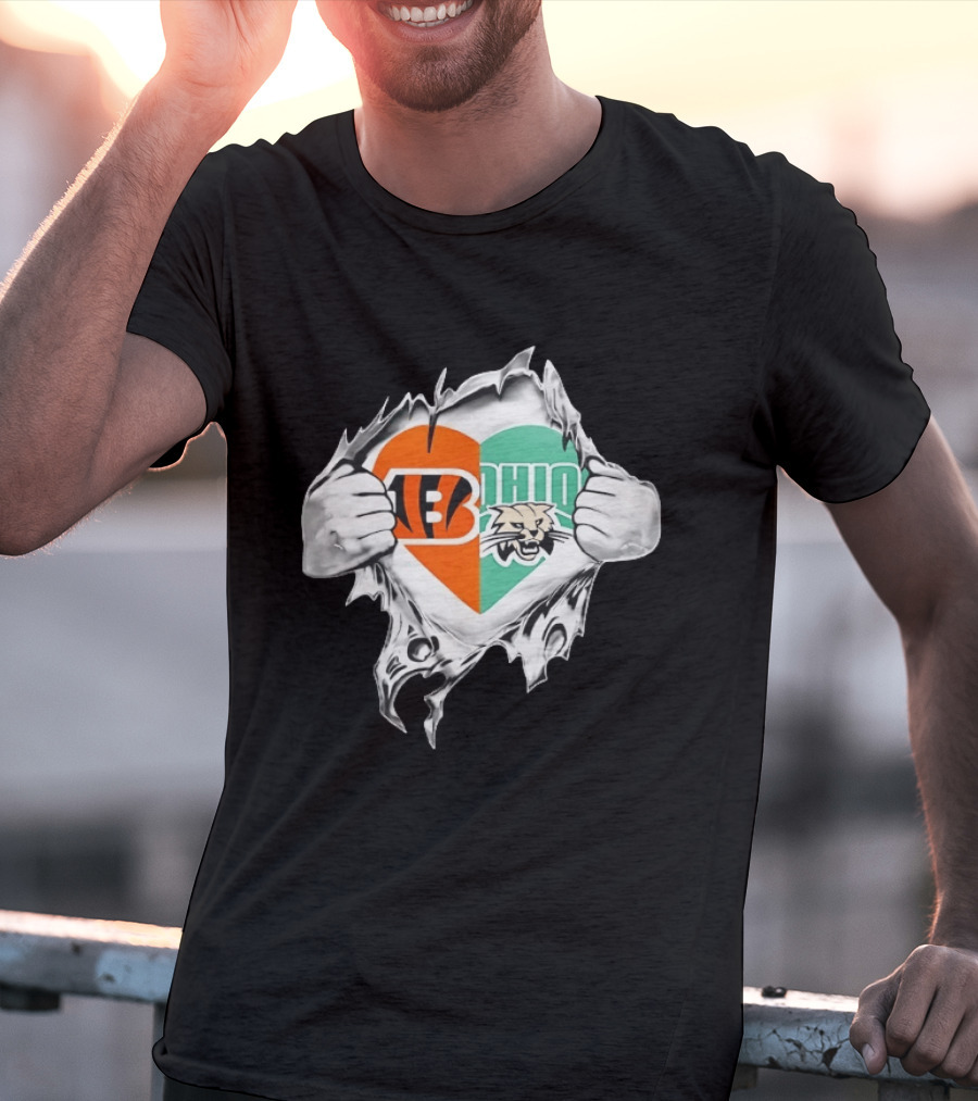 Cincinnati Bengals Ohio Bobcats Heart Superman Chest Rip T-Shirt