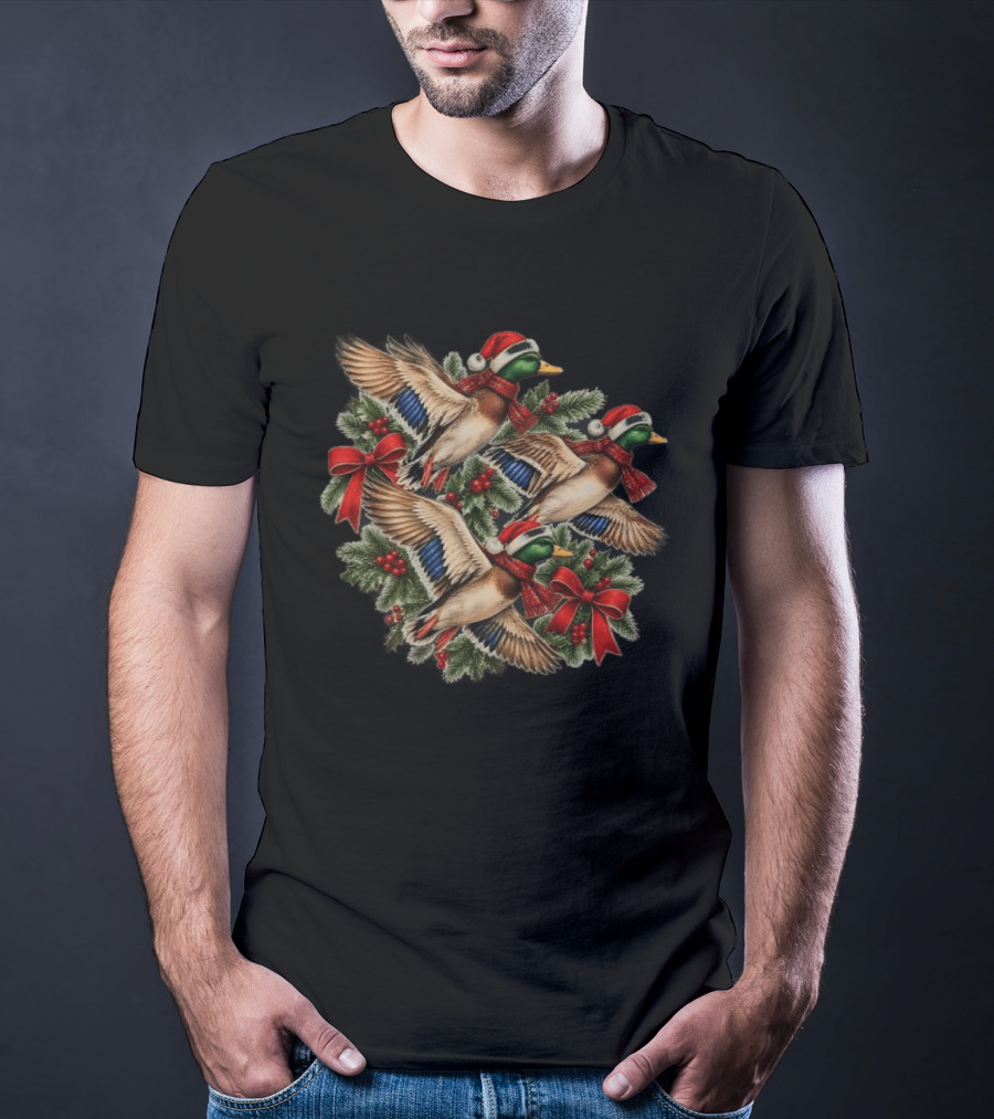 Flying Mallard Ducks With Santa Hats And Christmas Scarves In Festive Wreath T-Shirt