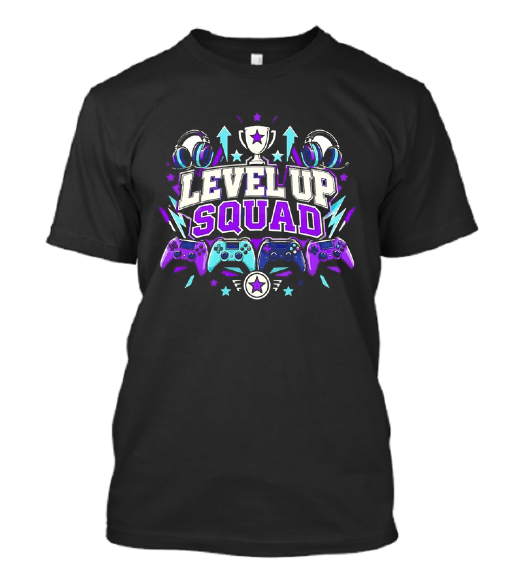 Level Up Squad Gaming Gamer Video Games Controllers Headsets Trophy Stars T-Shirt