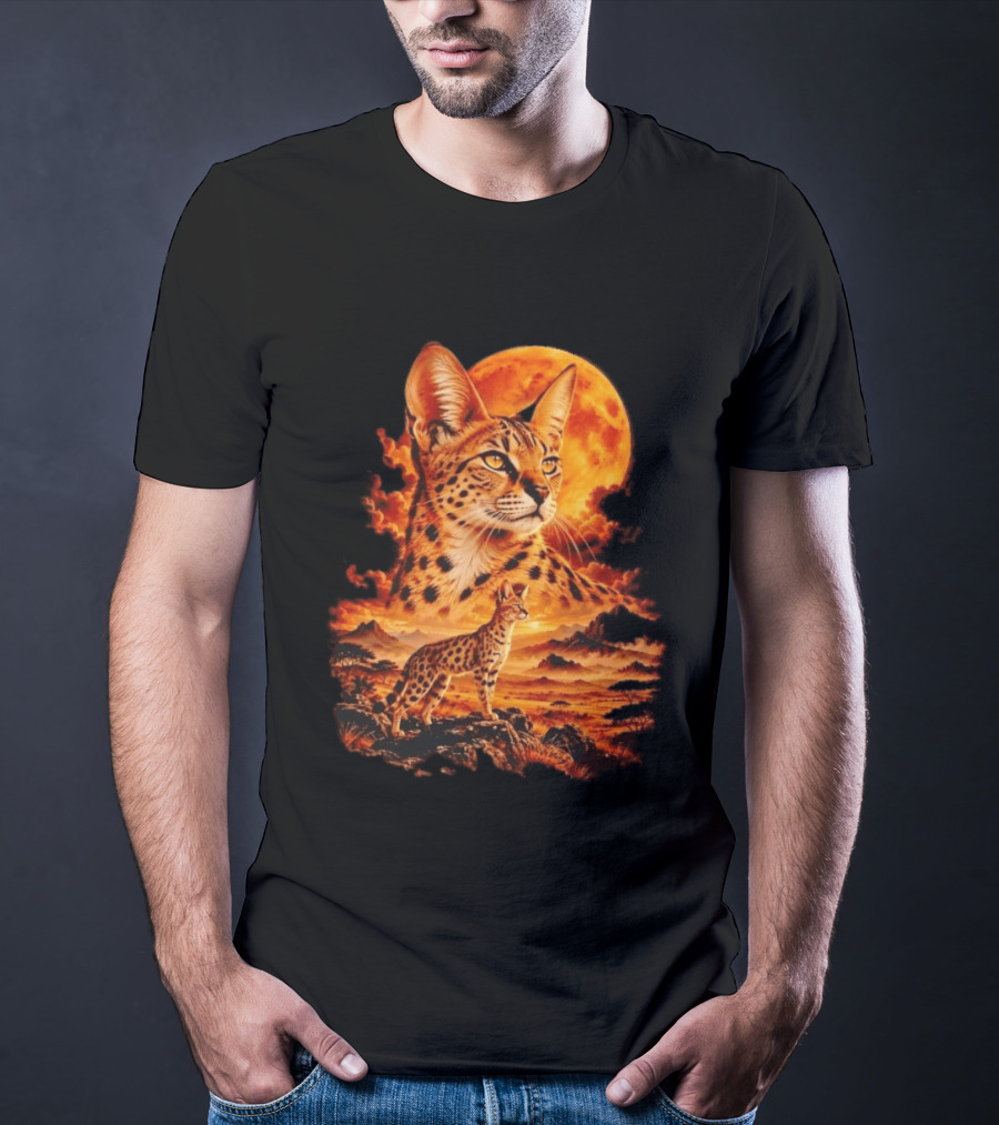 Serval Cat Majestic African Savannah Sunset Scene T-Shirt