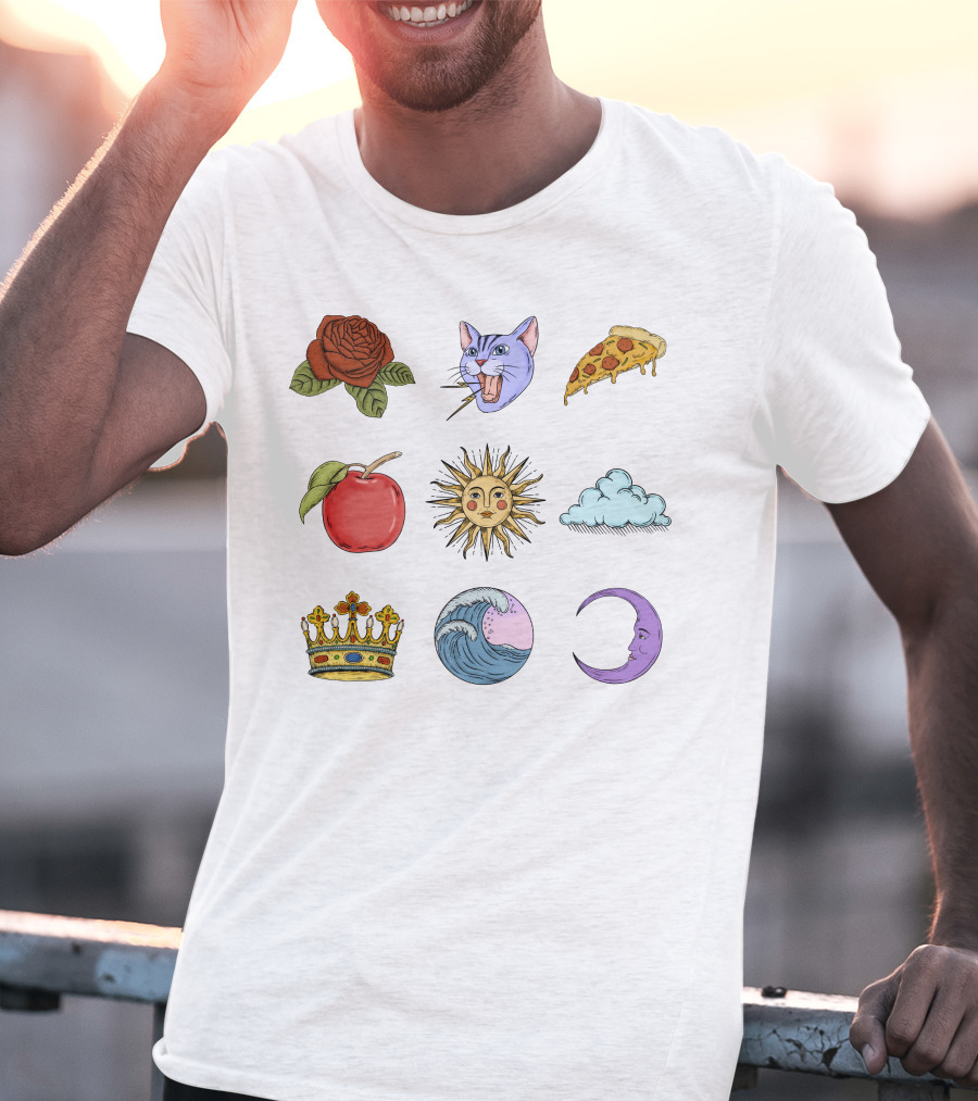 Rose Cat Pizza Apple Sun Cloud Crown Wave Moon T-Shirt