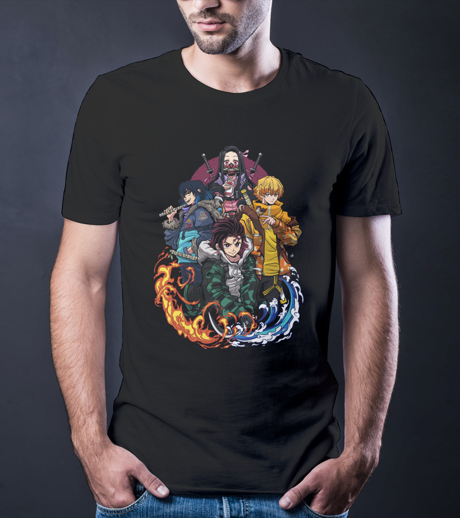 Kimetsu No Yaiba Demon Slayer Tanjiro Nezuko Zenitsu Inosuke Elemental Power Poses T-Shirt