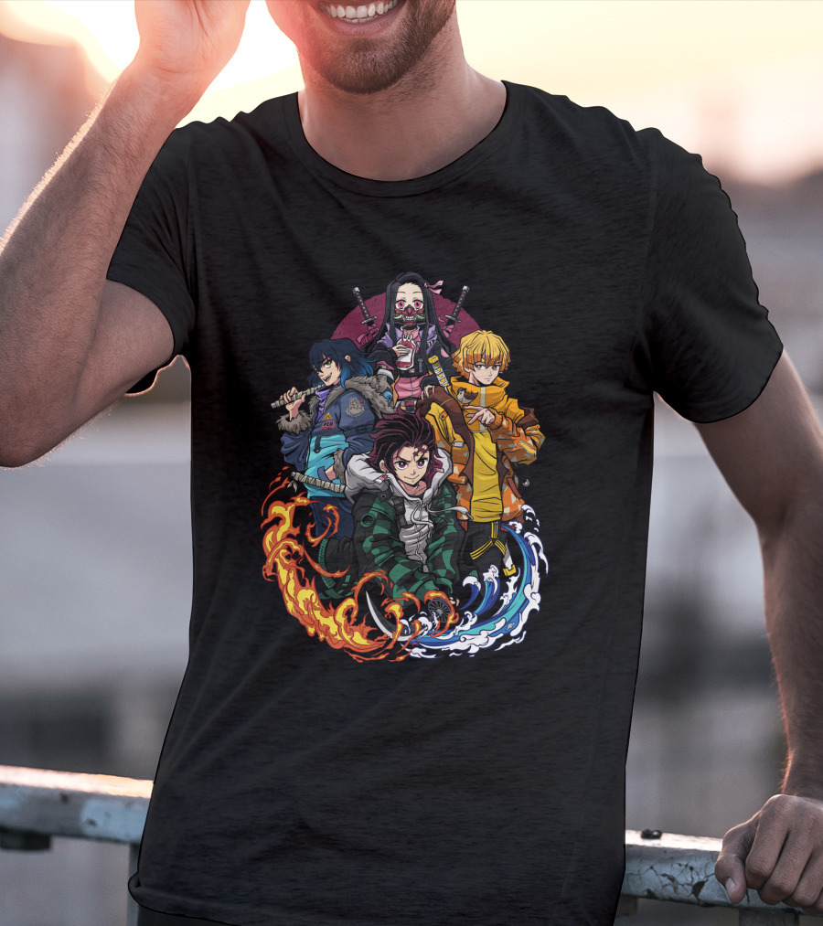Kimetsu No Yaiba Demon Slayer Tanjiro Nezuko Zenitsu Inosuke Elemental Power Poses T-Shirt