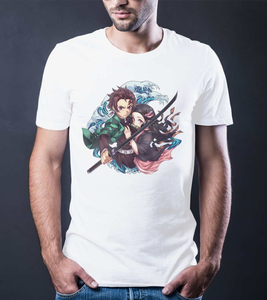 Kimetsu No Yaiba: Demon Slayer Tanjiro Kamado And Nezuko With Sword And Waves T-Shirt