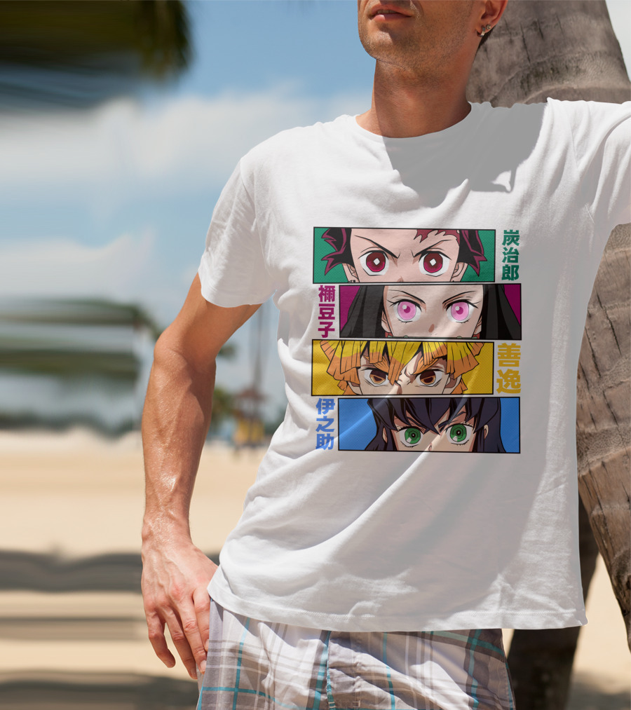 Demon Slayer Kimetsu No Yaiba Tanjiro Nezuko Zenitsu Inosuke Character Faces T-Shirt