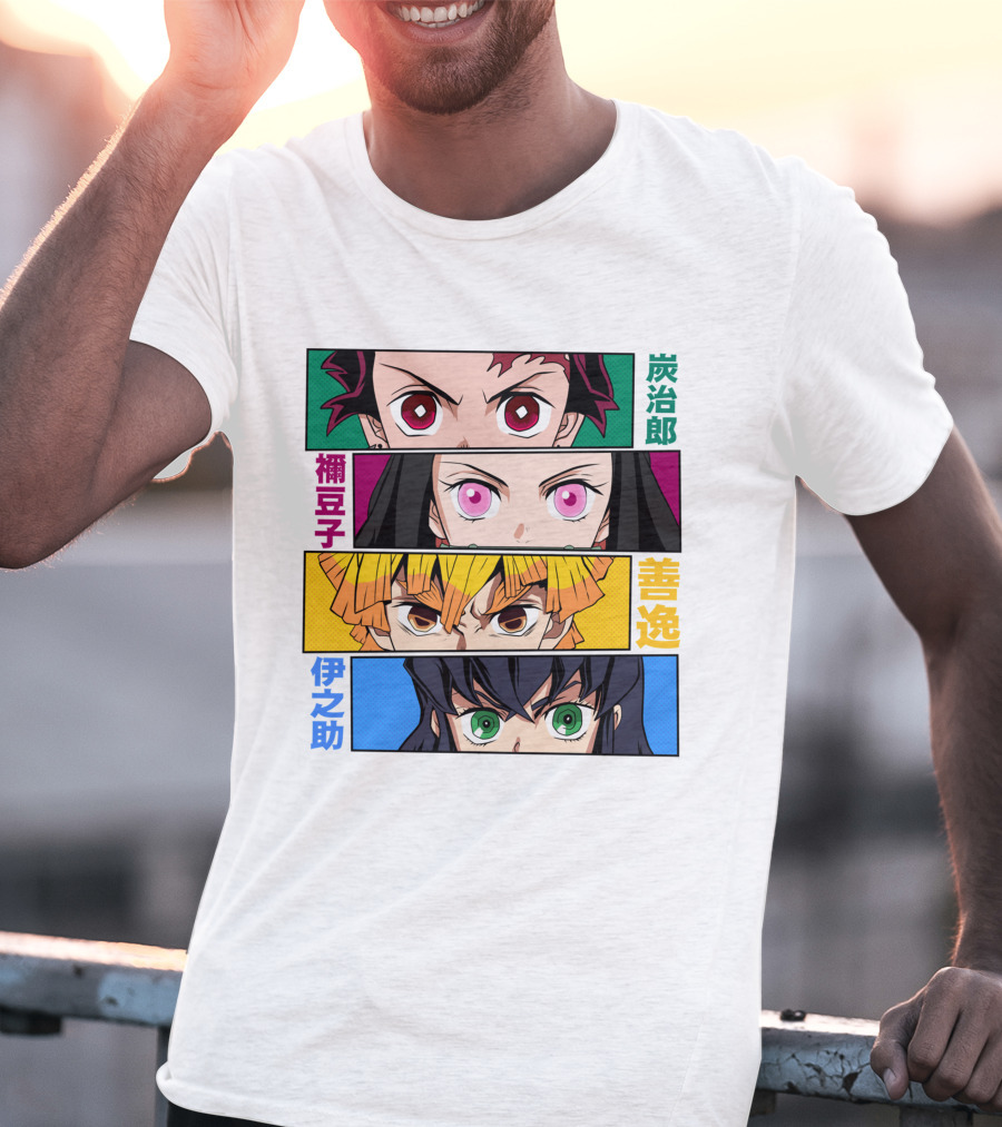 Demon Slayer Kimetsu No Yaiba Tanjiro Nezuko Zenitsu Inosuke Character Faces T-Shirt