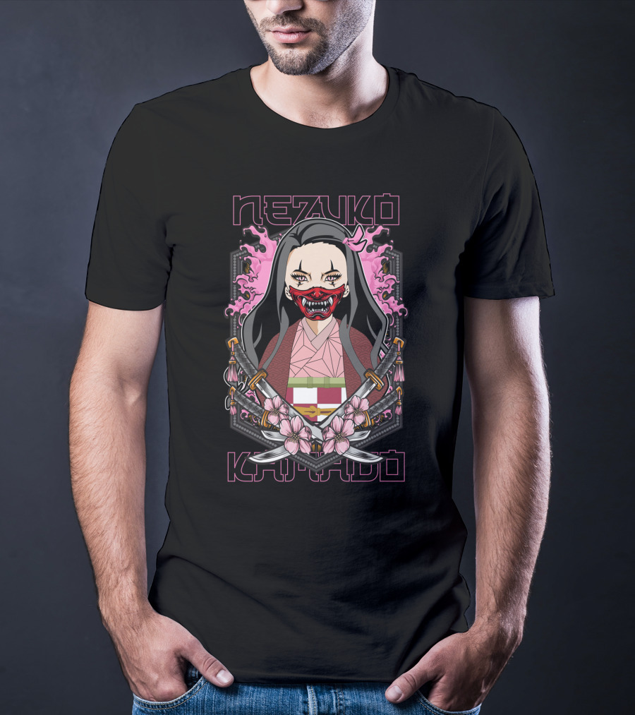 Nezuko Kamado Demon Slayer Kimetsu No Yaiba Pink Flames Swords Blossom T-Shirt