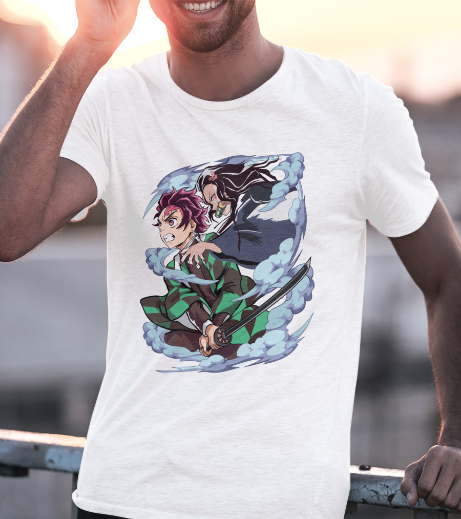 Demon Slayer Kimetsu No Yaiba Tanjiro Nezuko Anime Characters Sword Action Scene T-Shirt