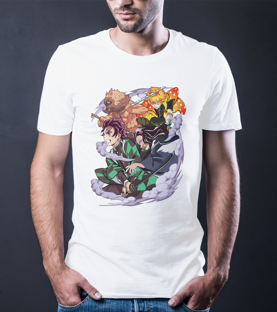 Demon Slayer Kimetsu No Yaiba Tanjiro Nezuko Zenitsu Inosuke Dynamic Action Scene T-Shirt