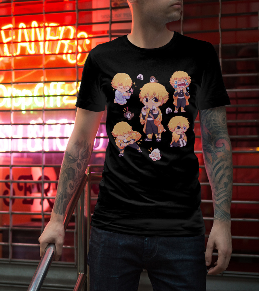 Demon Slayer Kimetsu No Yaiba Zenitsu Chibi Diverse Expressions And Birds Collection T-Shirt