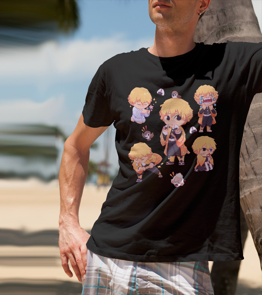 Demon Slayer Kimetsu No Yaiba Zenitsu Chibi Diverse Expressions And Birds Collection T-Shirt
