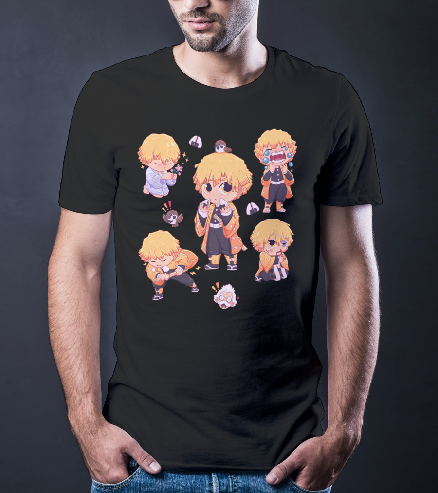 Demon Slayer Kimetsu No Yaiba Zenitsu Chibi Diverse Expressions And Birds Collection T-Shirt