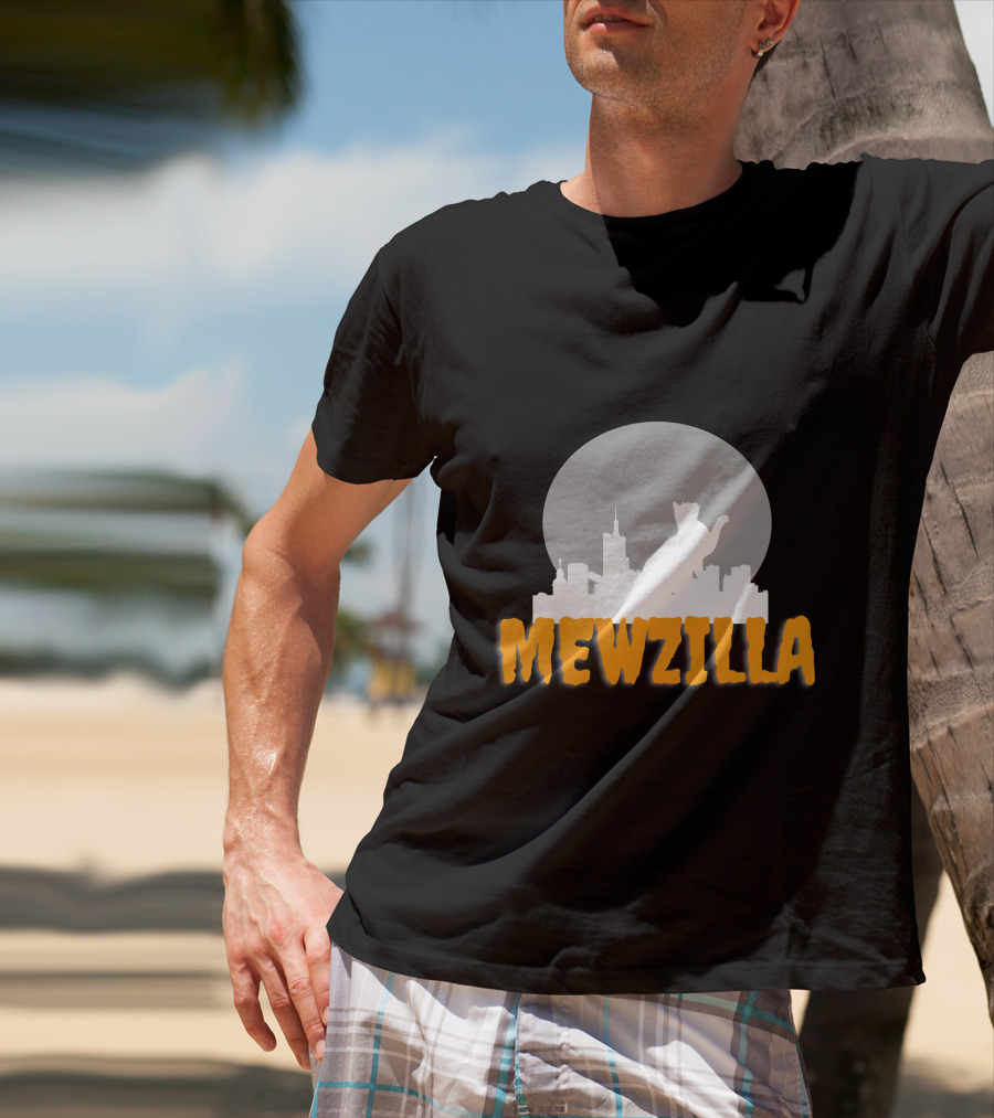 Mewzilla Cat Silhouette Over City Skyline Full Moon T-Shirt