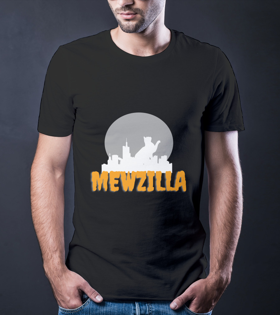 Mewzilla Cat Silhouette Over City Skyline Full Moon T-Shirt