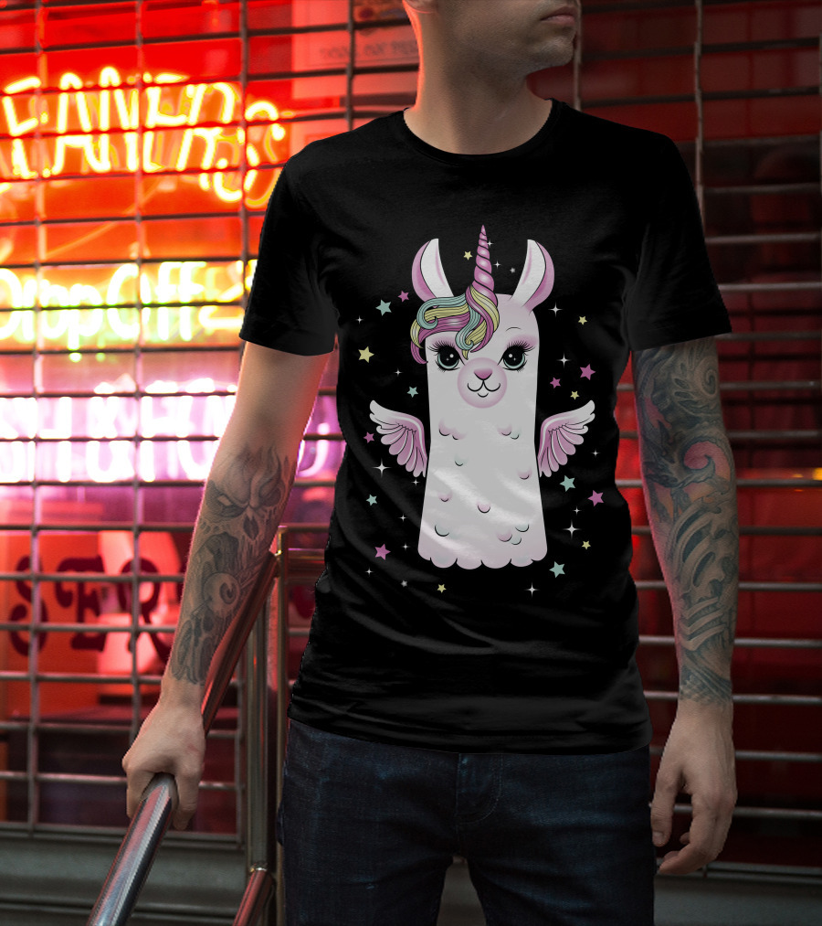 Llama Unicorn With Rainbow Mane And Wings Surrounded By Stars T-Shirt