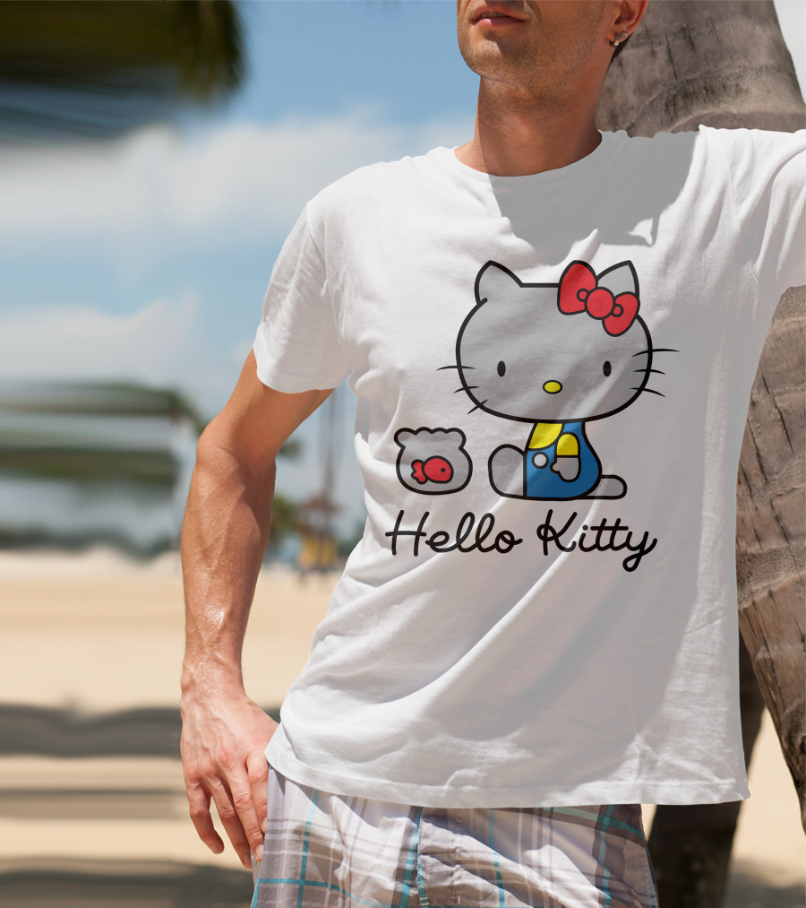 Hello Kitty Gray Cat With Red Bow And Fish Bowl T-Shirt
