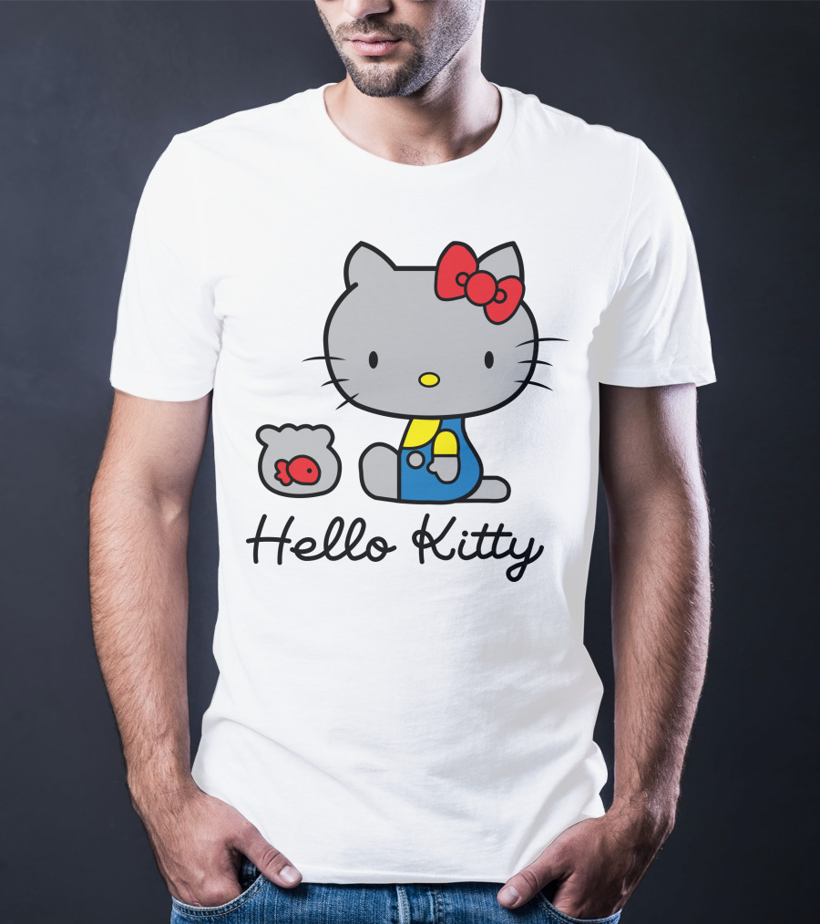 Hello Kitty Gray Cat With Red Bow And Fish Bowl T-Shirt