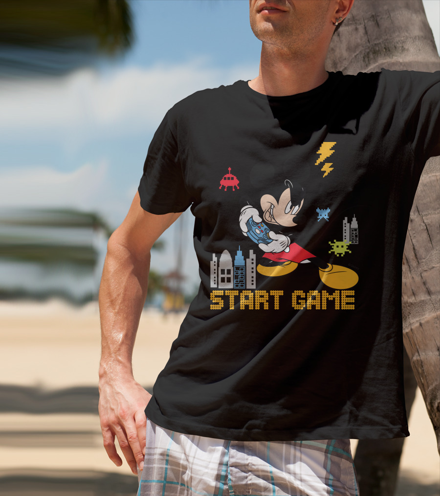 Mickey Holding Controller Retro Gaming City Start Game T-Shirt