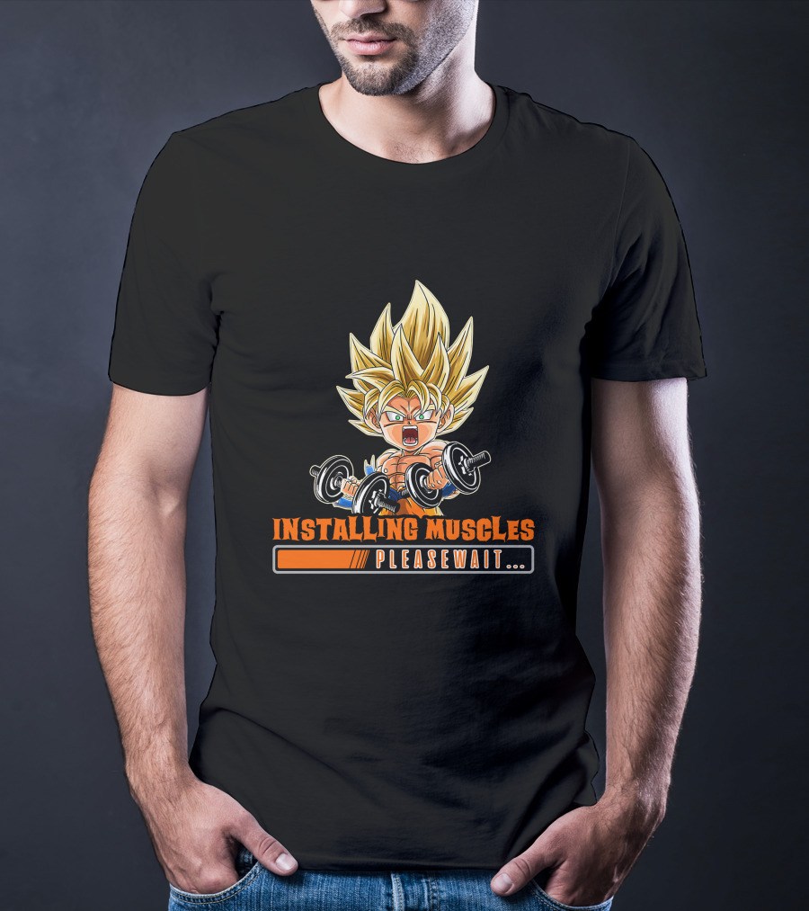 Installing Muscles Please Wait Super Saiyan Dumbbells Fitness Power Up T-Shirt