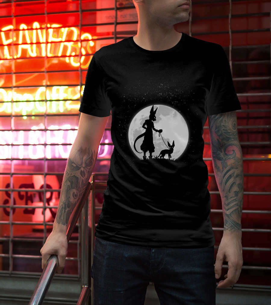 Beerus Walking Under Full Moon With Cat T-Shirt
