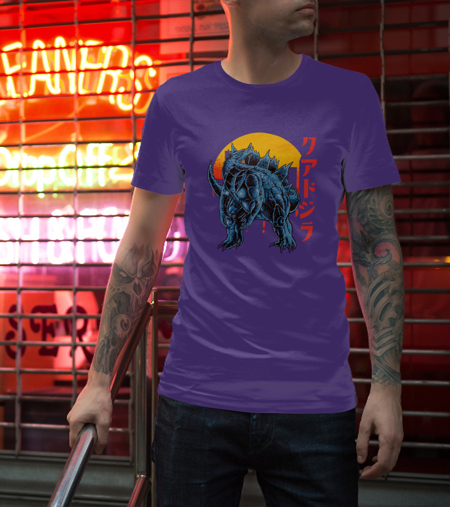 Raging Tobey Raskolapparel Quadzilla Kaiju Monster Retro Sunset Kanji T-Shirt