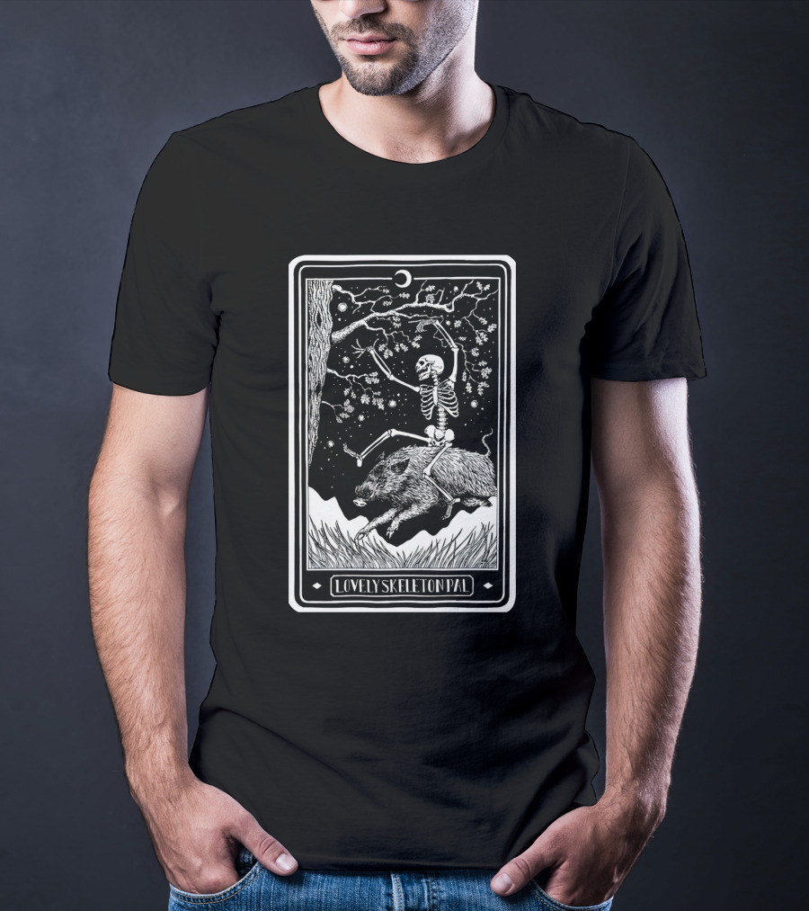 Lovely Skeleton Pal Johnny Chiodini Ever Press Store Merch Riding Wild Boar In Starry Night Scene T-Shirt