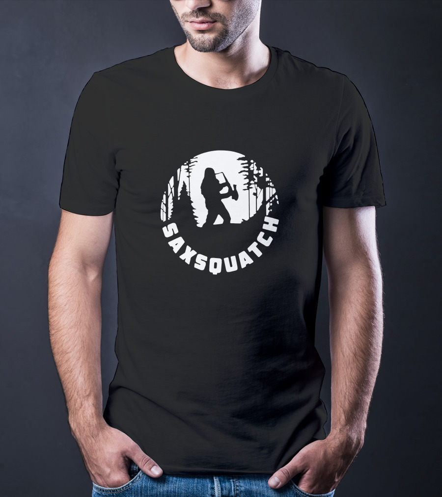 Saxsquatch Forest Silhouette Playing Saxophone T-Shirt