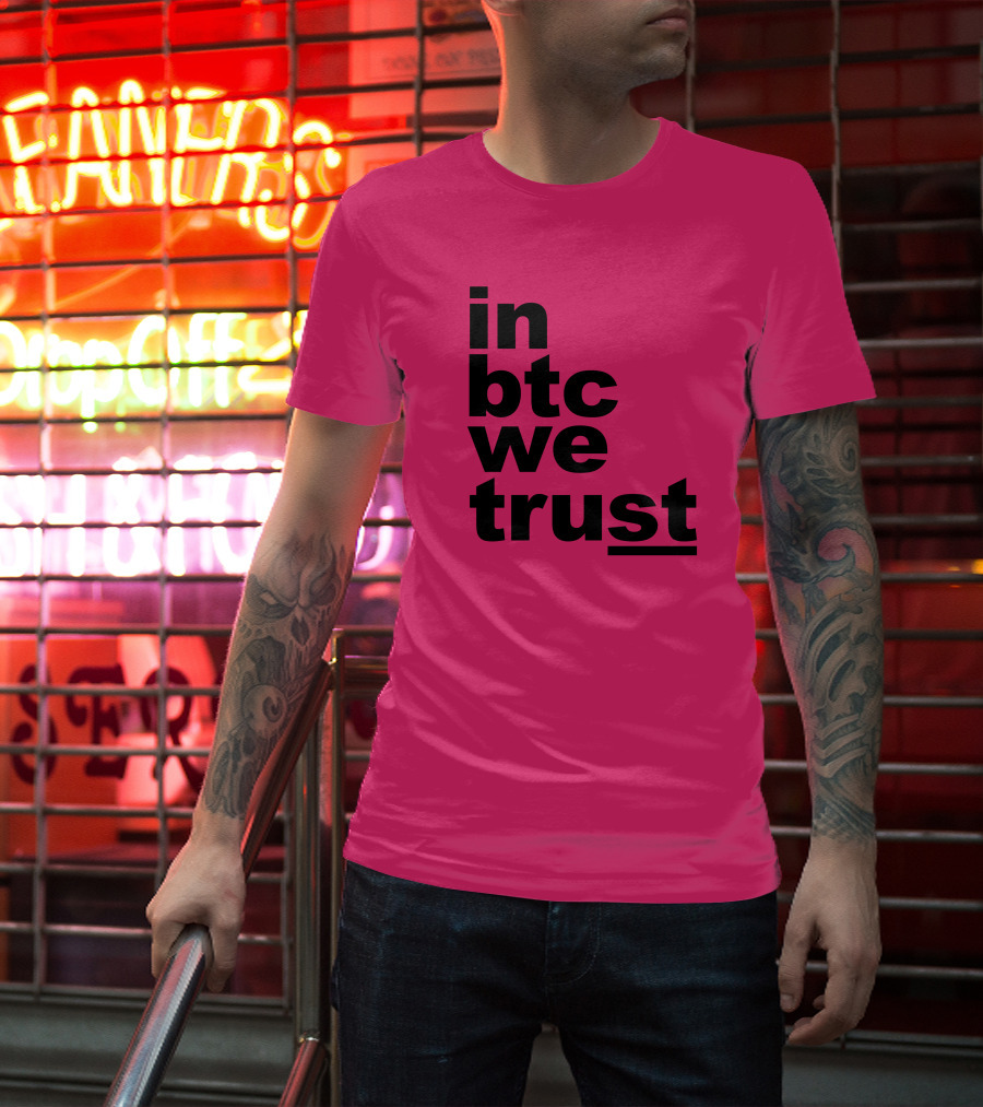 Bitcoin Merch In BTC We Trust Bold Text Pink Background T-Shirt