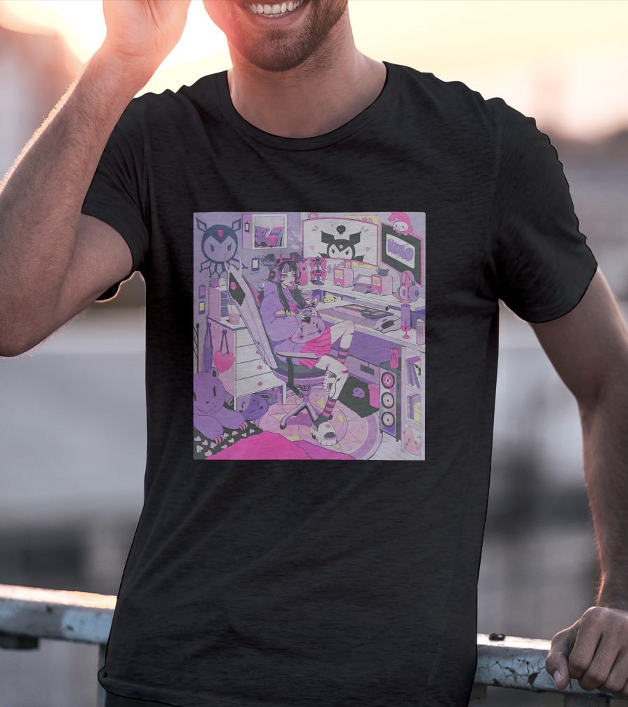 Kiru Made Fuku Mono Lavender Mood Vacuum Anime Gaming Room With Kuro Plushies And Headset Gamer Girl T-Shirt