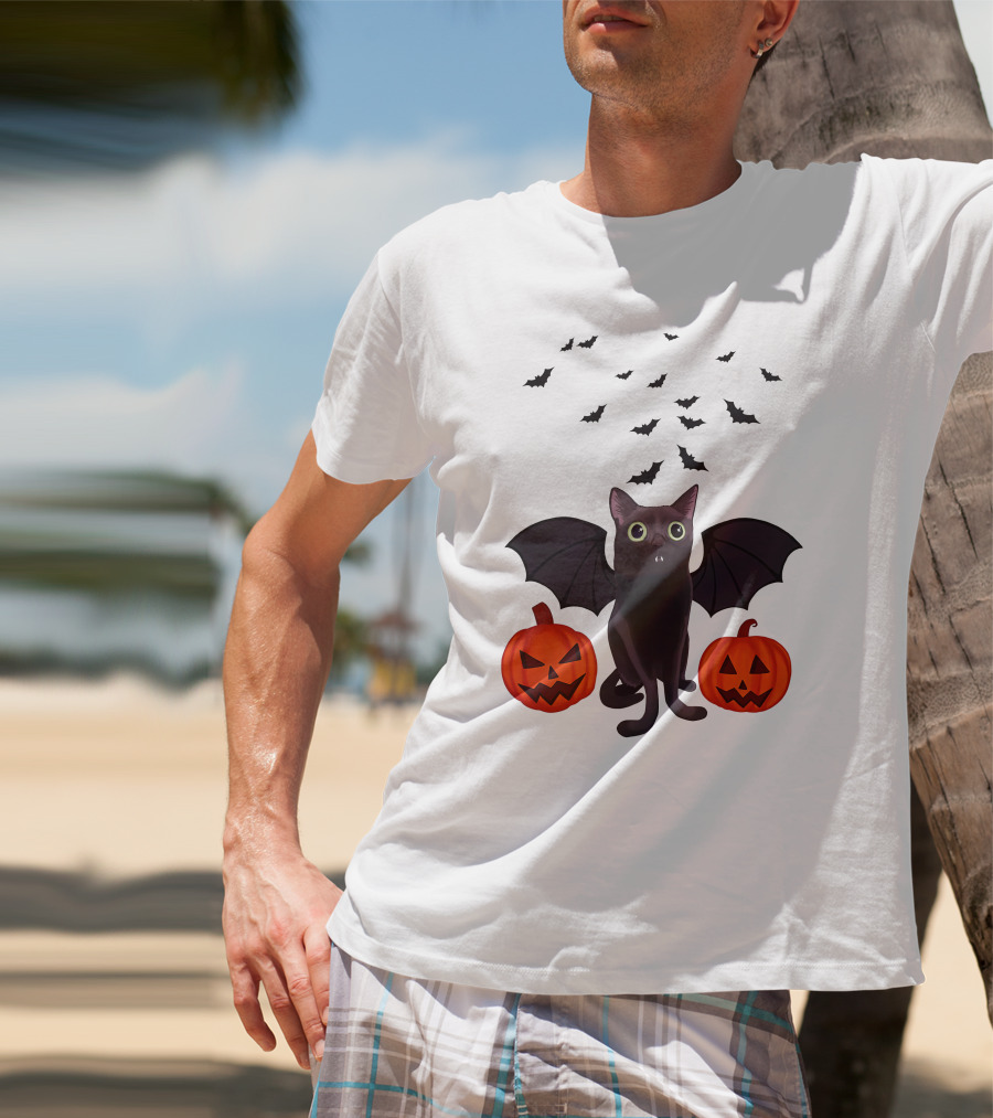 Bigfootjinx Merch Halloween Bat Jinx Black Cat With Pumpkin Jack-o'-Lanterns And Flying Bats T-Shirt