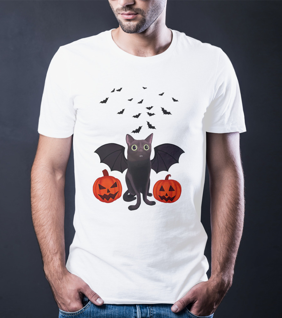 Bigfootjinx Merch Halloween Bat Jinx Black Cat With Pumpkin Jack-o'-Lanterns And Flying Bats T-Shirt