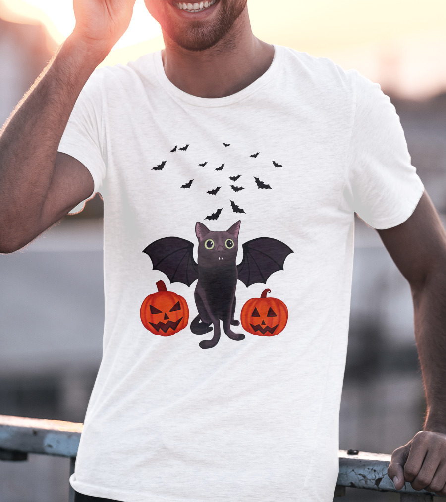 Bigfootjinx Merch Halloween Bat Jinx Black Cat With Pumpkin Jack-o'-Lanterns And Flying Bats T-Shirt