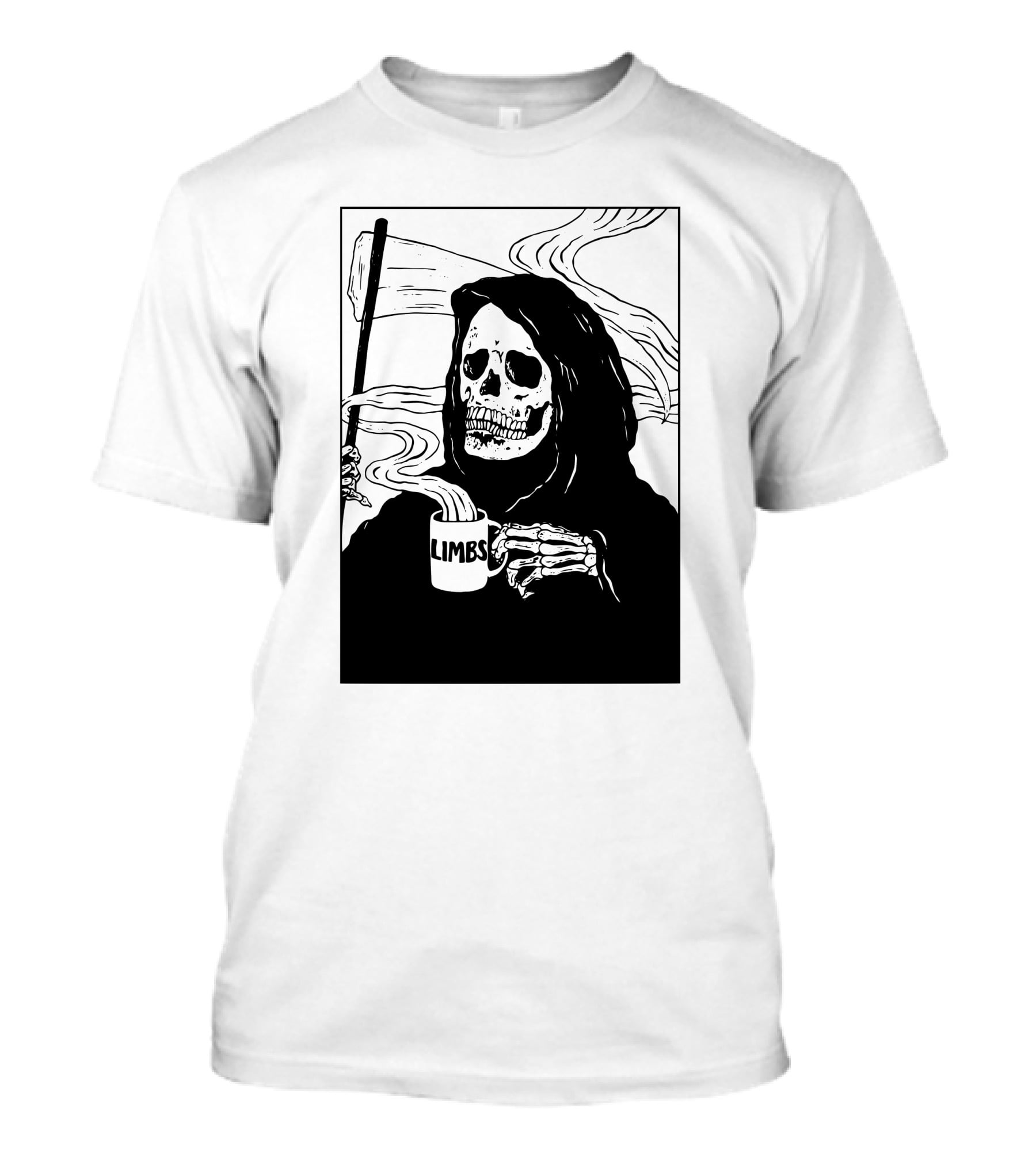 Chelsea Grin Down Right Merch Limbs Coffee Reaper Skeleton Holding Scythe And Mug T-Shirt