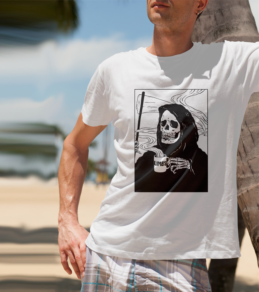 Chelsea Grin Down Right Merch Limbs Coffee Reaper Skeleton Holding Scythe And Mug T-Shirt